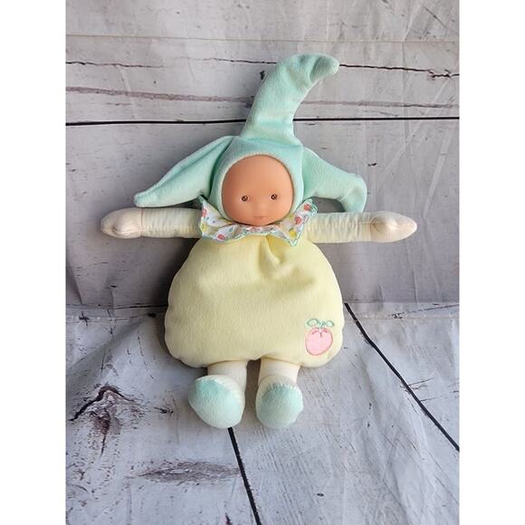 COROLLE Elf Doll Baby Lovey Toy Rattle Yellow Fruit 2015 Blue Jester Hat 10in - Picture 1 of 6